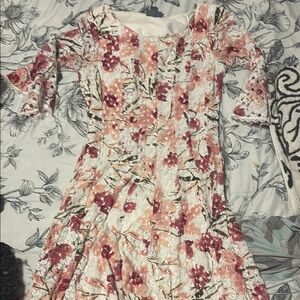 Cream Sundress with Bell Sleeves and Square Neck